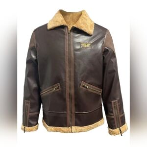Men’s US Heritage Aviator Style Bomber Jacket Faux Leather Shearling Look M/L